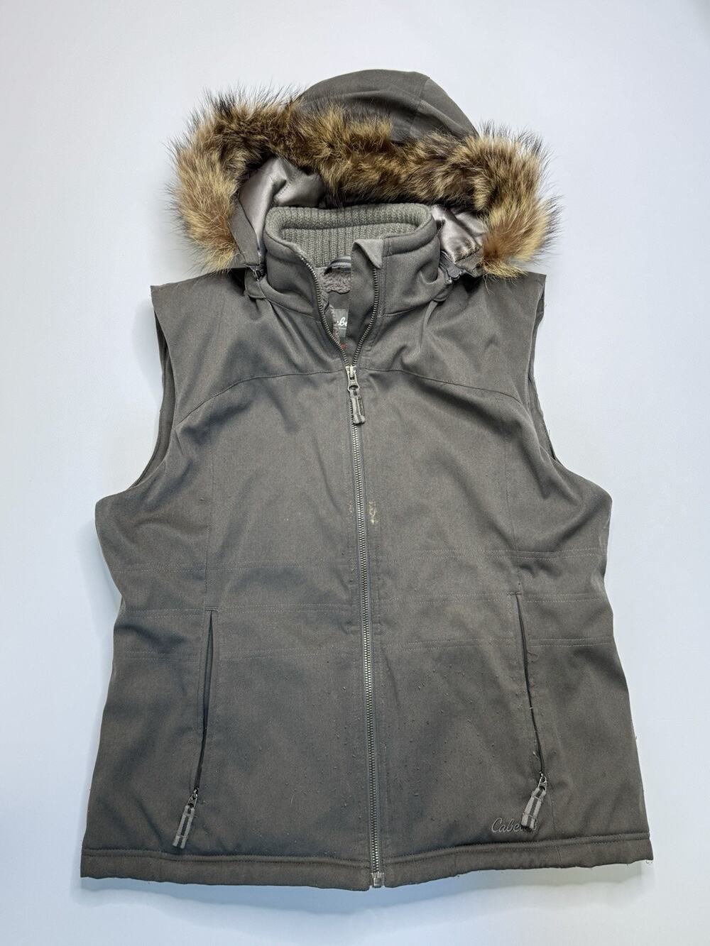 Cabela’s Women’s Large Gray PrimaLoft Hooded Fur Trim Sherpa Lined Vest